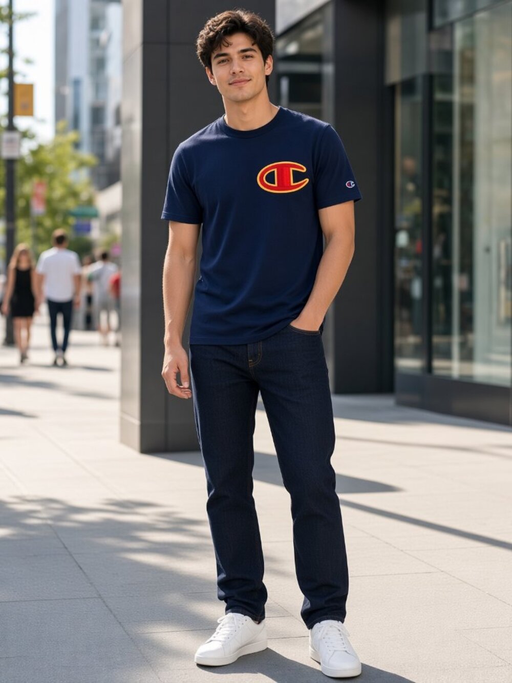 Champion Men Blue Heritage Durable Heavy-weight Cotton Tee Short Sleeve Patch XS